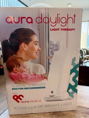 Aura Daylight Therapy Lamp - White with Teal Text Accents